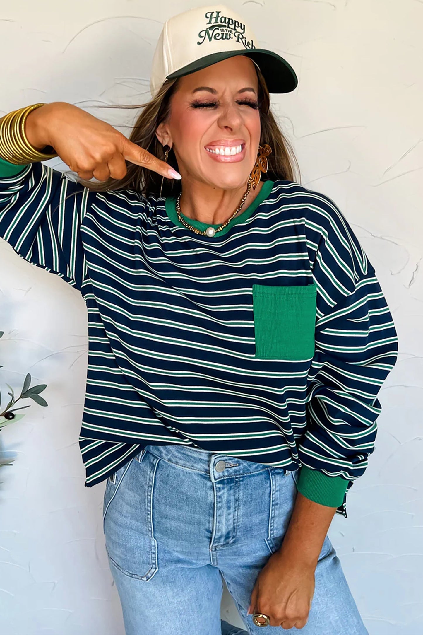 Women's Green Stripe Color Block Crew Neck Top with Pockets - MacroPanora