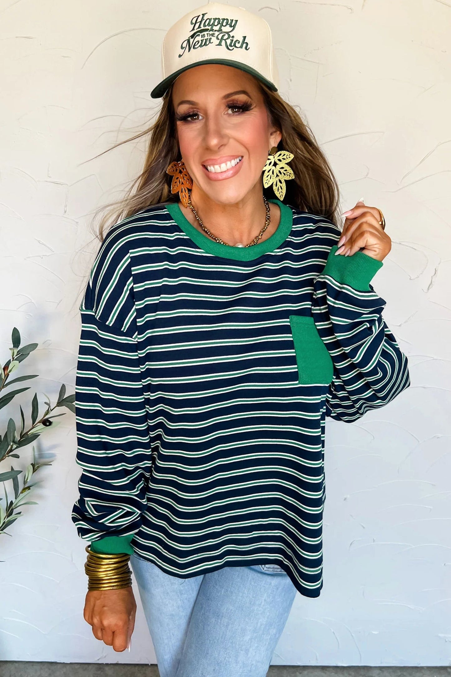 Women's Green Stripe Color Block Crew Neck Top with Pockets - MacroPanora