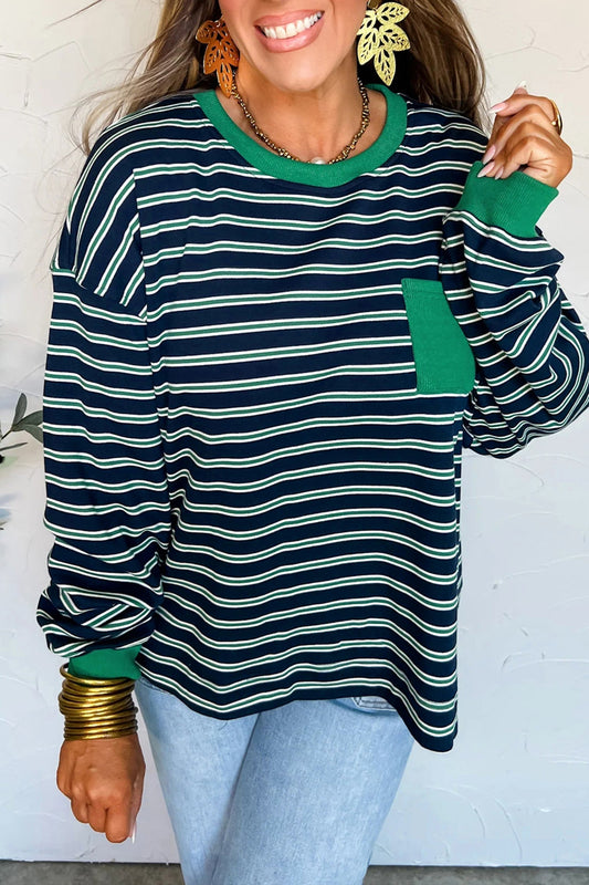 Women's Green Stripe Color Block Crew Neck Top with Pockets - MacroPanora