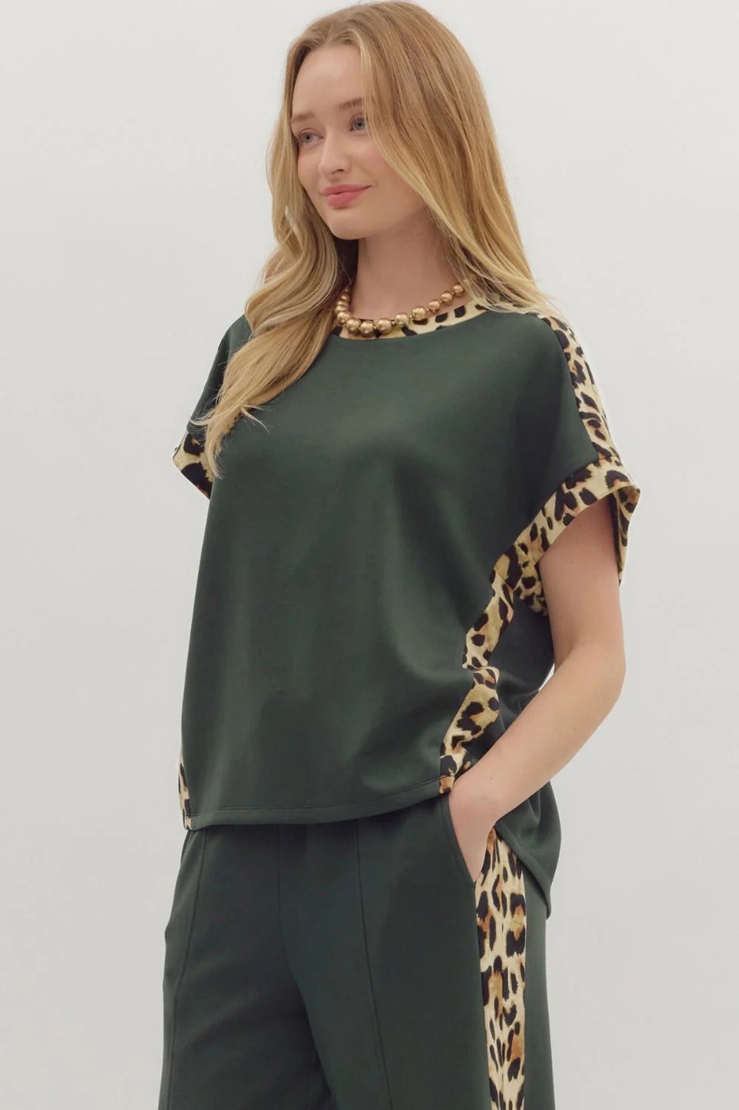 Women's Casual Sea Green T-Shirt with Leopard Trim - Relaxed Fit Round Neck Top for Effortless Everyday Style - MacroPanora