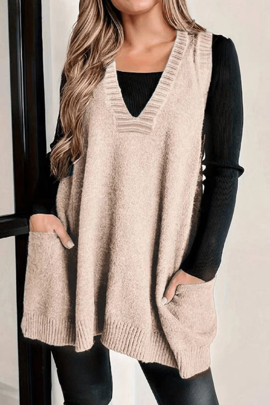 Women's Cozy Jet Stream Ribbed Deep V Neck Tunic Sweater Vest with Pockets - Loose Fit in Versatile Color - MacroPanora