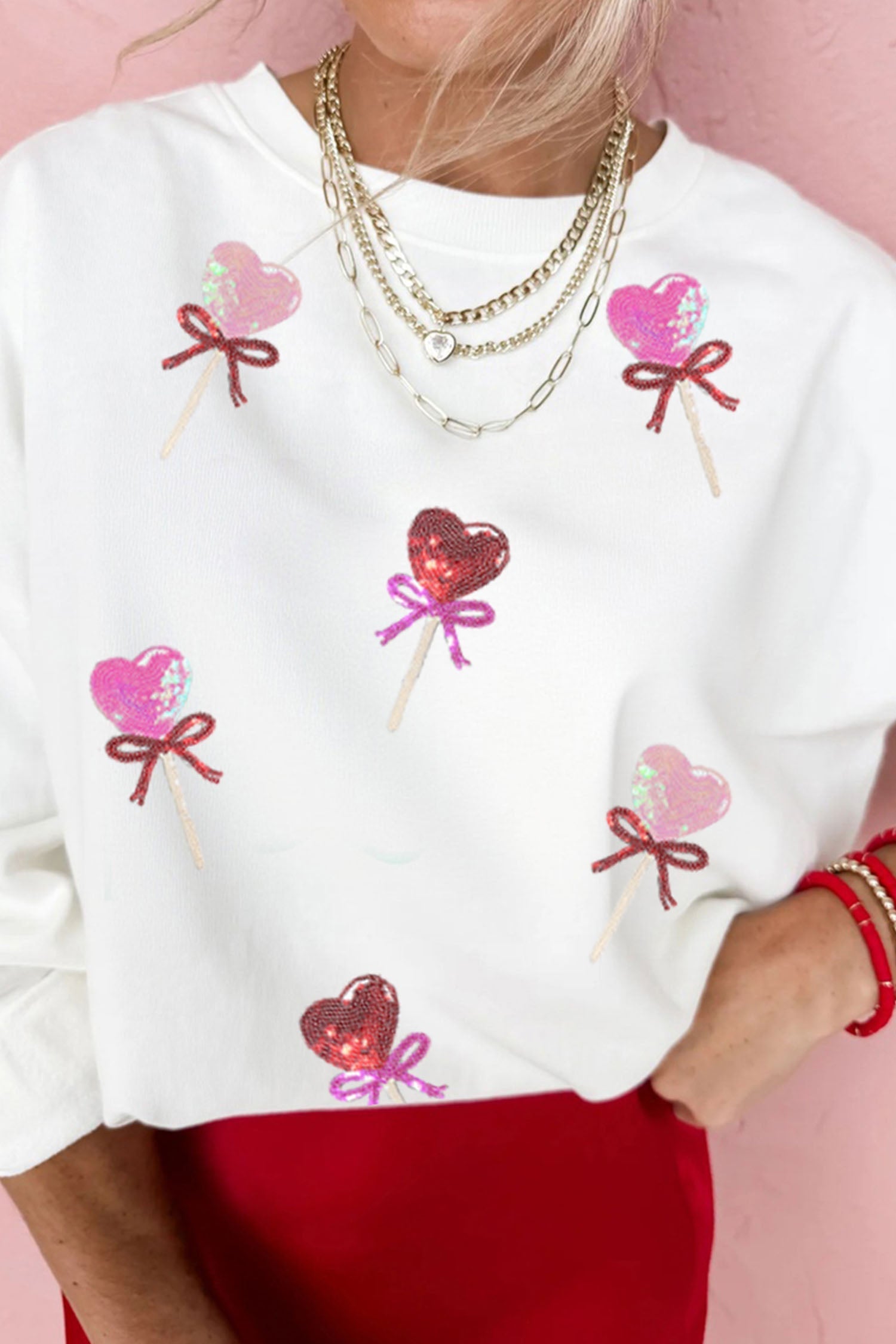 Women's Cute White Sequin Heart Bow Sweatshirt - Cozy Valentine's Day Graphic Top for Fun Casual Style - MacroPanora