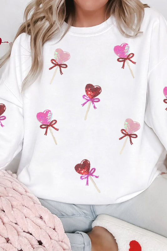 Women's Cute White Sequin Heart Bow Sweatshirt - Cozy Valentine's Day Graphic Top for Fun Casual Style - MacroPanora