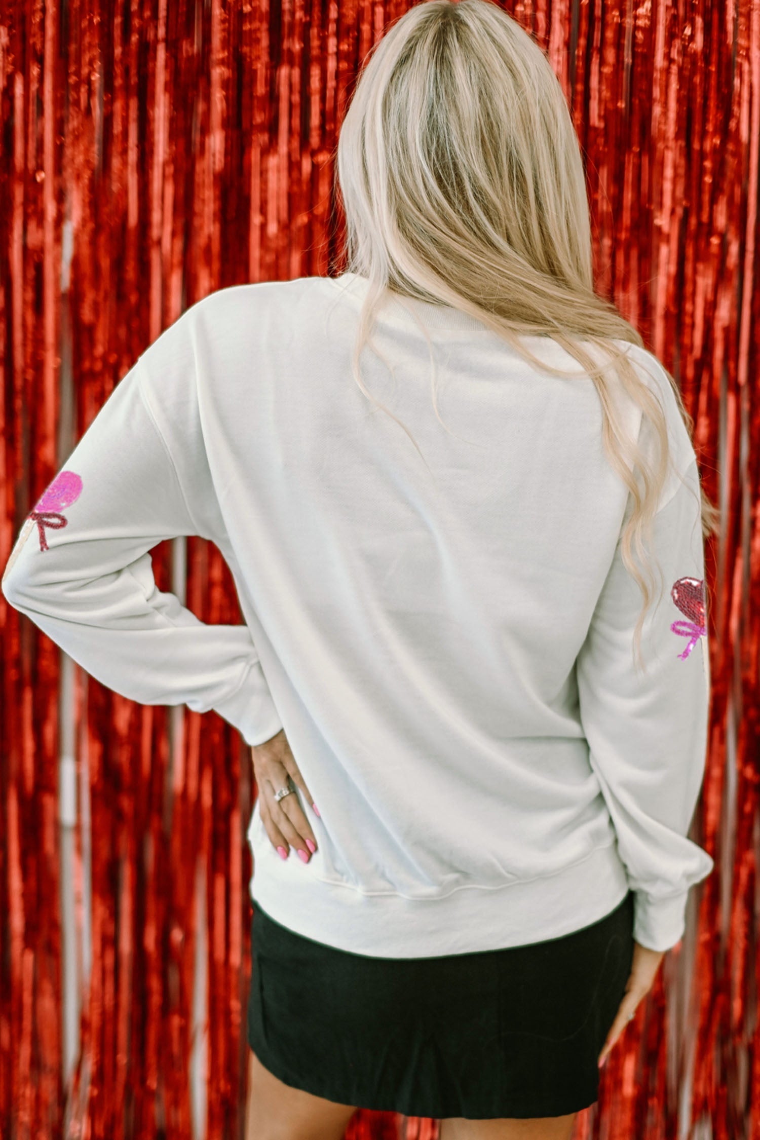 Women's Cute White Sequin Heart Bow Sweatshirt - Cozy Valentine's Day Graphic Top for Fun Casual Style - MacroPanora