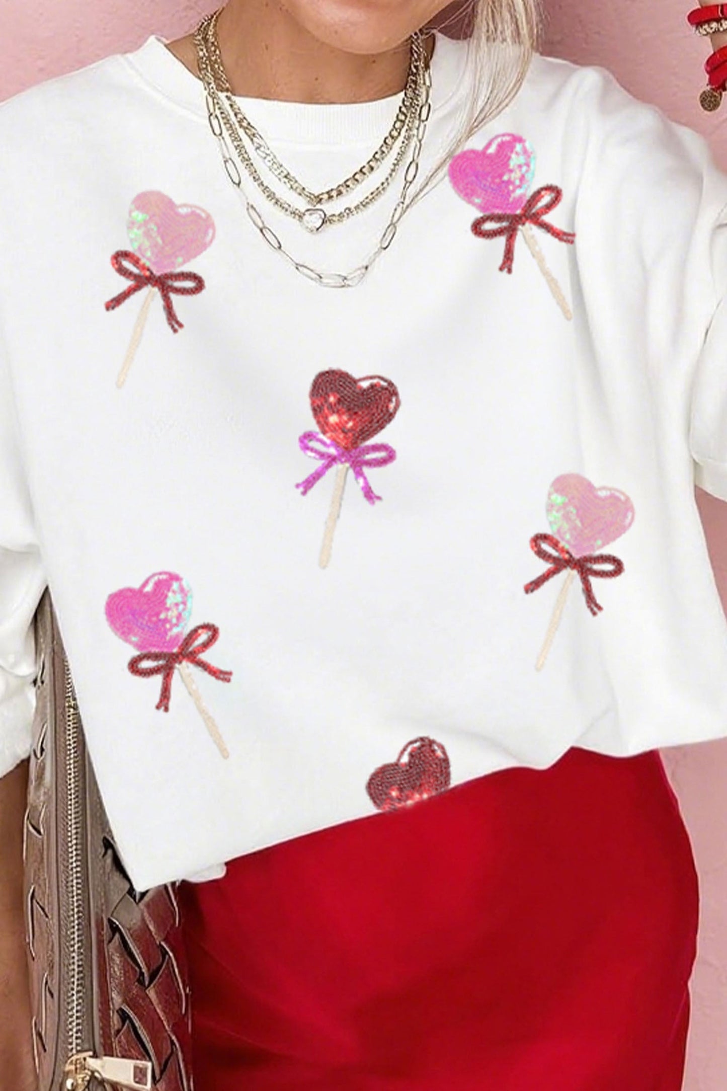 Women's Cute White Sequin Heart Bow Sweatshirt - Cozy Valentine's Day Graphic Top for Fun Casual Style - MacroPanora