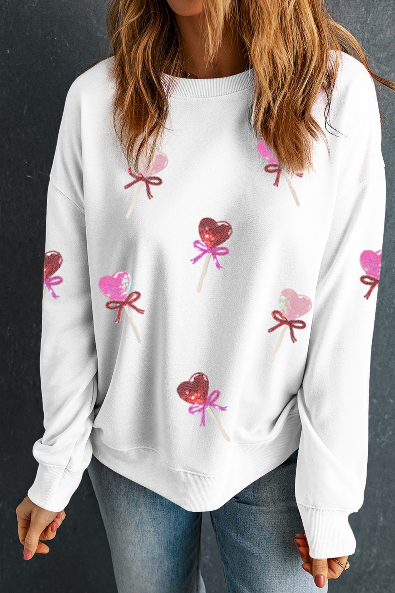 Women's Cute White Sequin Heart Bow Sweatshirt - Cozy Valentine's Day Graphic Top for Fun Casual Style - MacroPanora