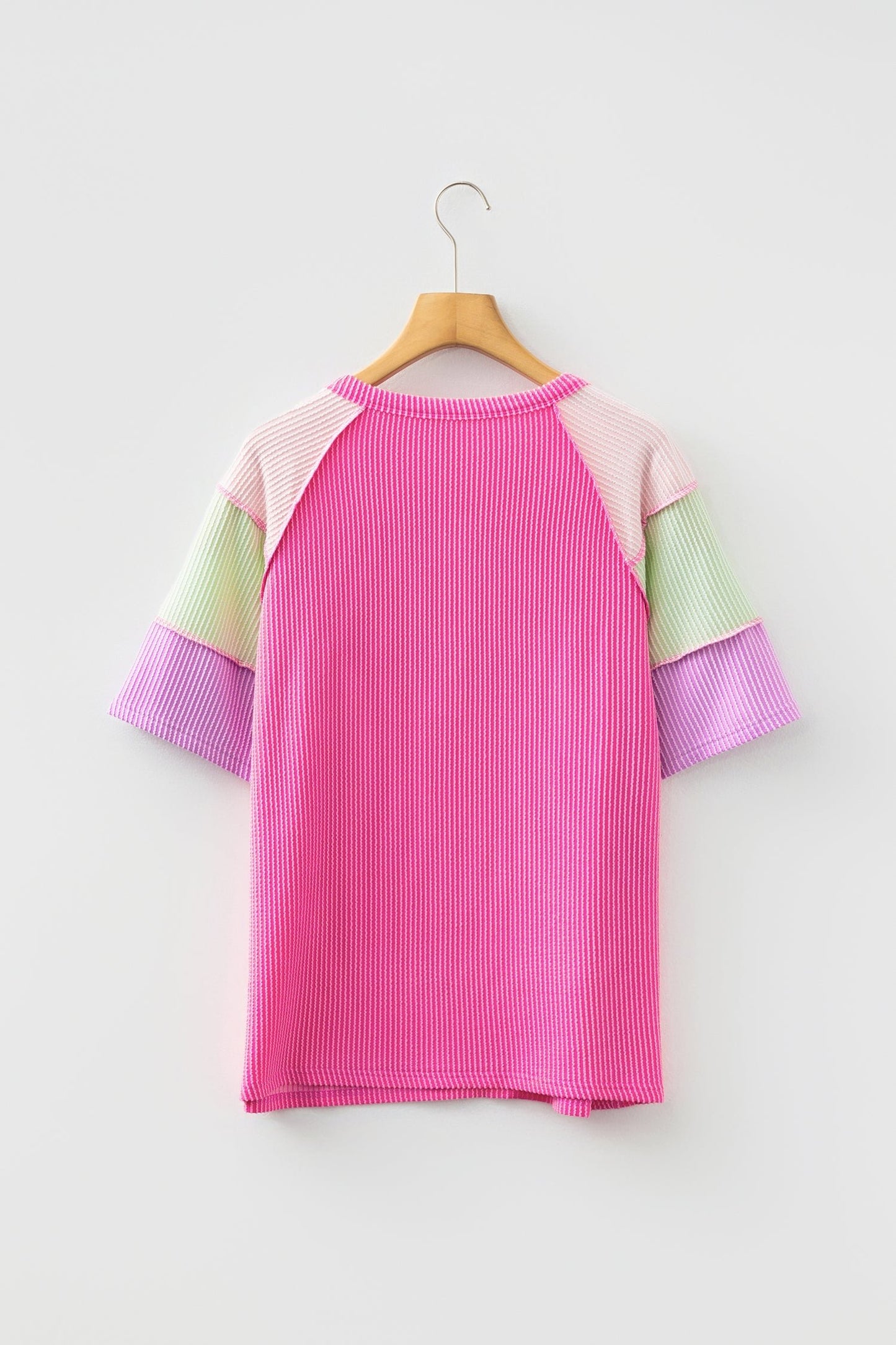 Women's Stylish Bright Pink Color Block Henley Tee - Short Sleeve, Twisted Ribbed Design for Casual Chic Outfits - MacroPanora