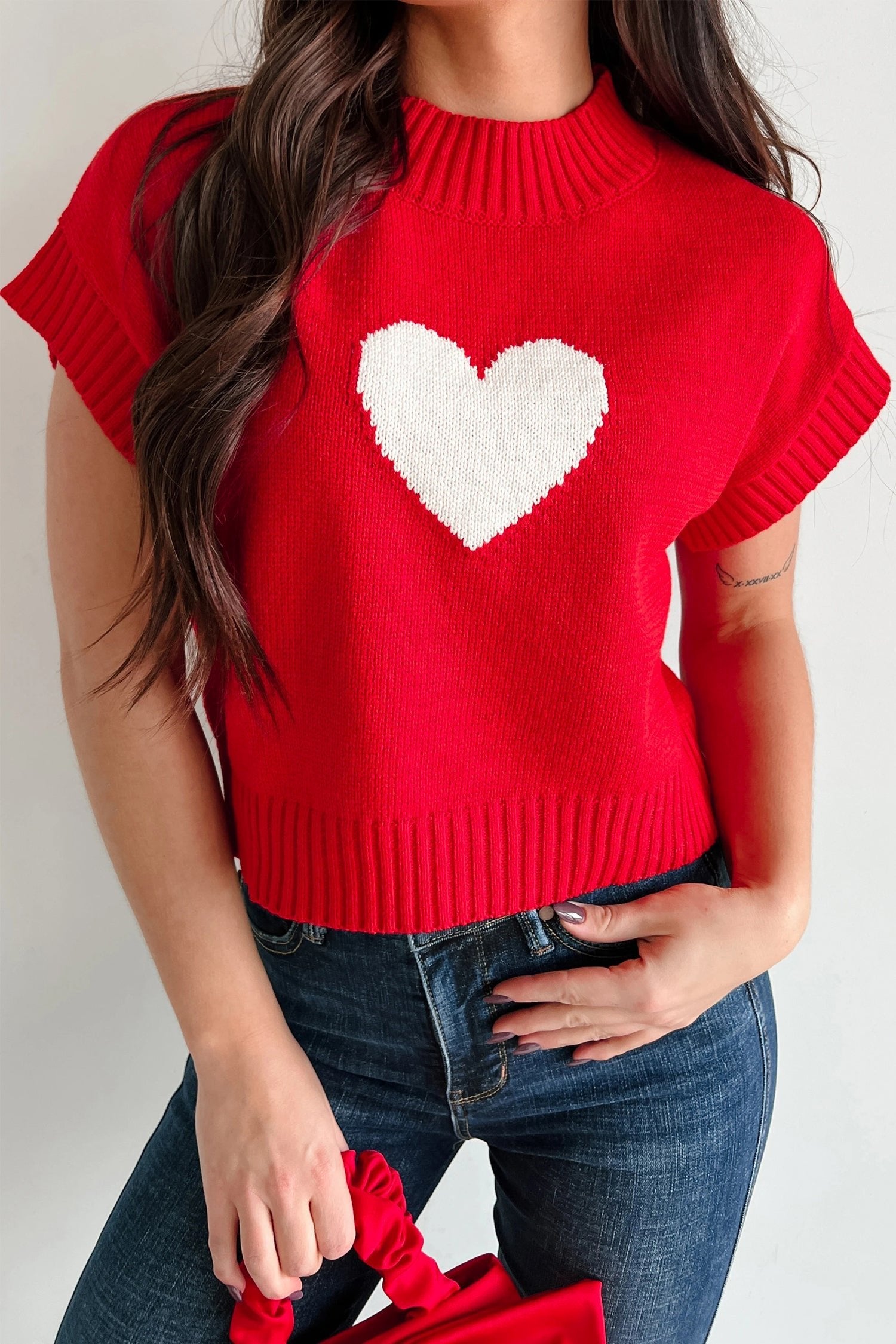 Fiery Red Heart Graphic Cropped Sweater - Trendy Valentine's Day Top - MacroPanora