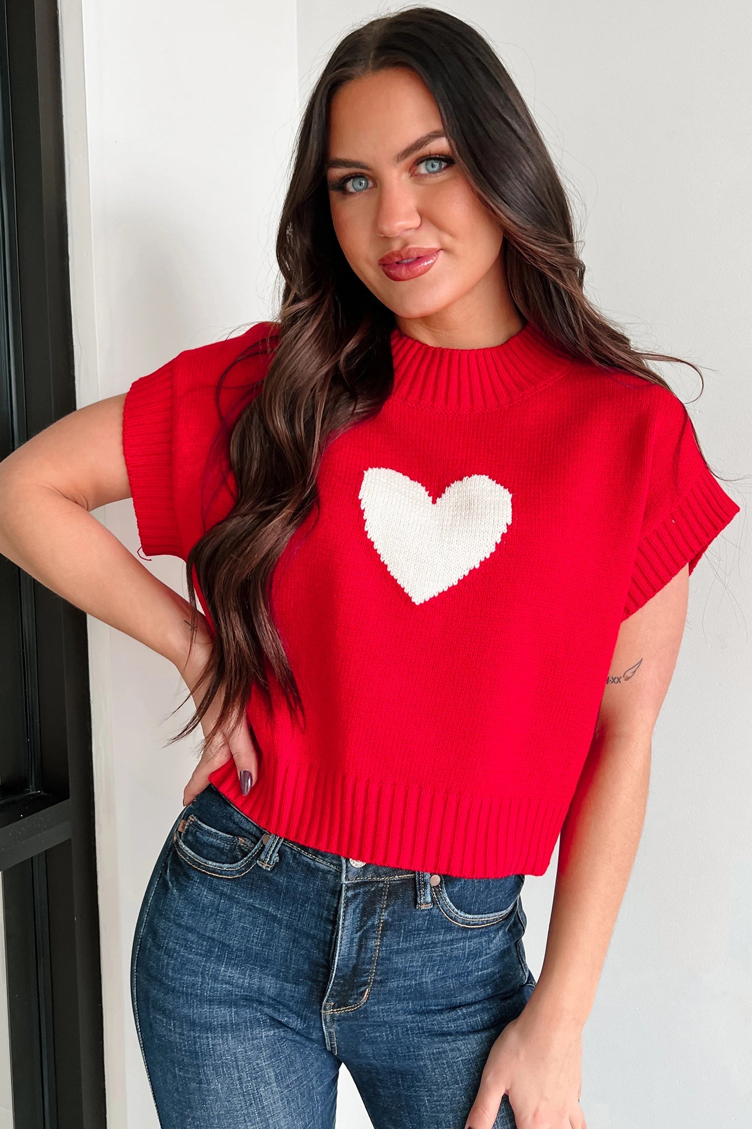 Fiery Red Heart Graphic Cropped Sweater - Trendy Valentine's Day Top - MacroPanora