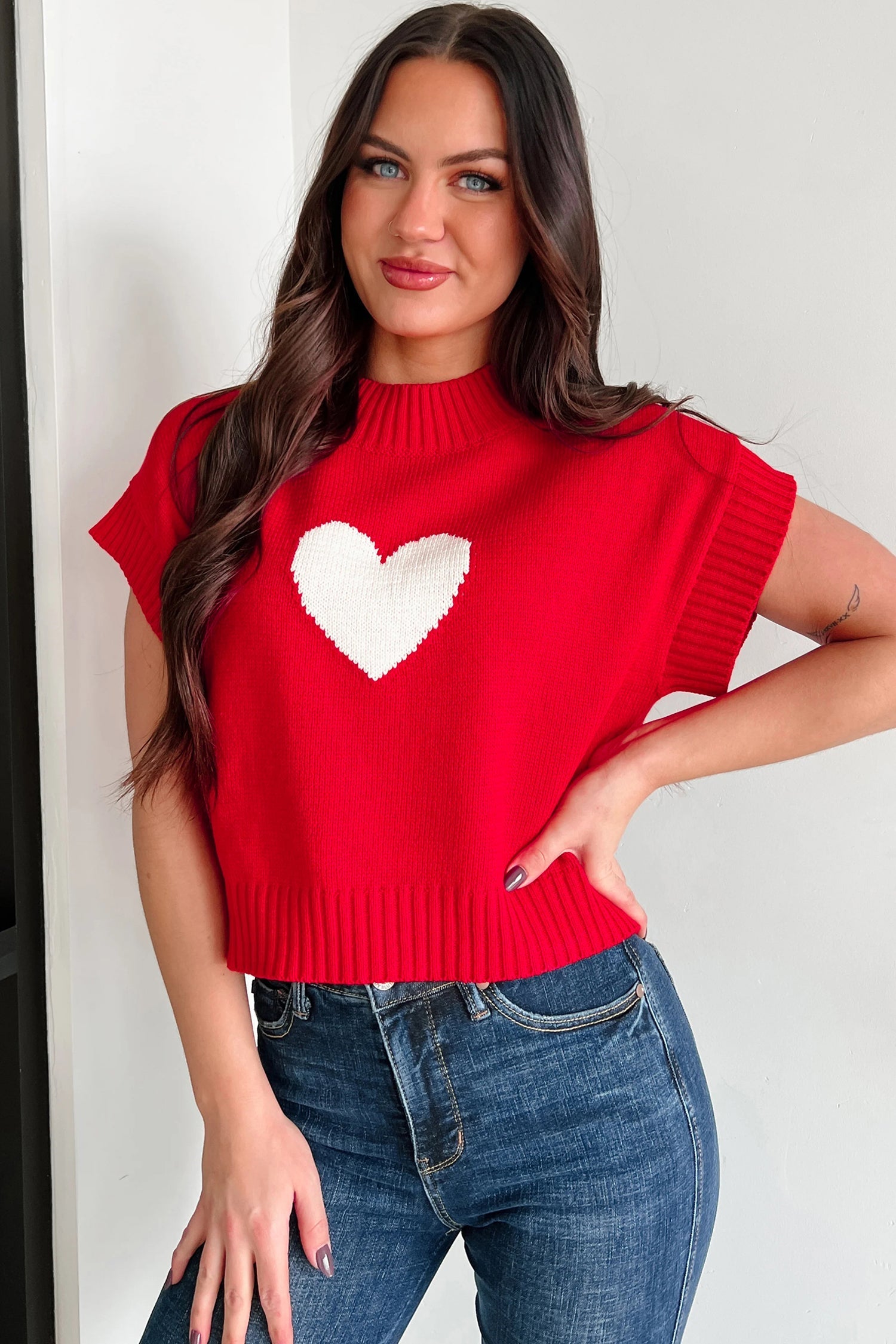 Fiery Red Heart Graphic Cropped Sweater - Trendy Valentine's Day Top - MacroPanora